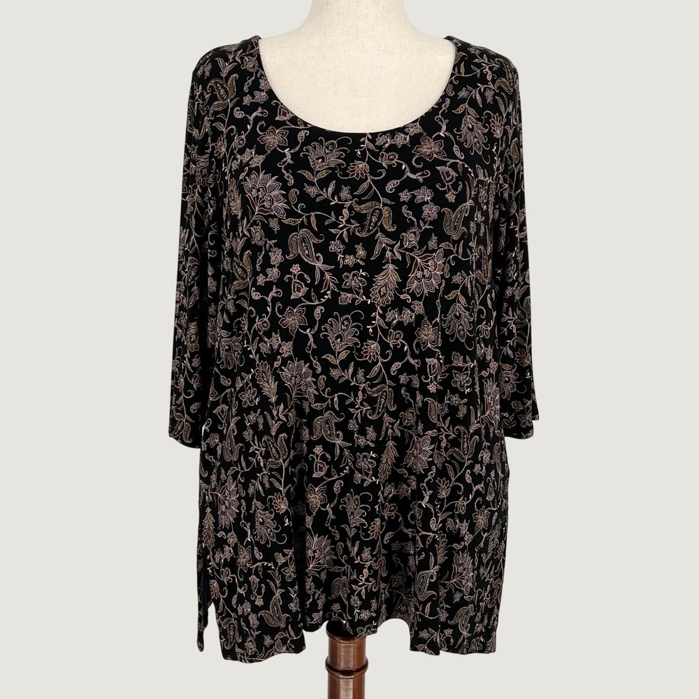 J. Jill Wearever Women Paisley Floral Tunic Top Size 1X Black Boho Artsy Fall